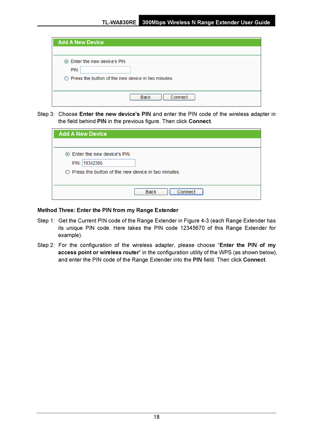 TP-Link TL-WA830RE manual Method Three Enter the PIN from my Range Extender 