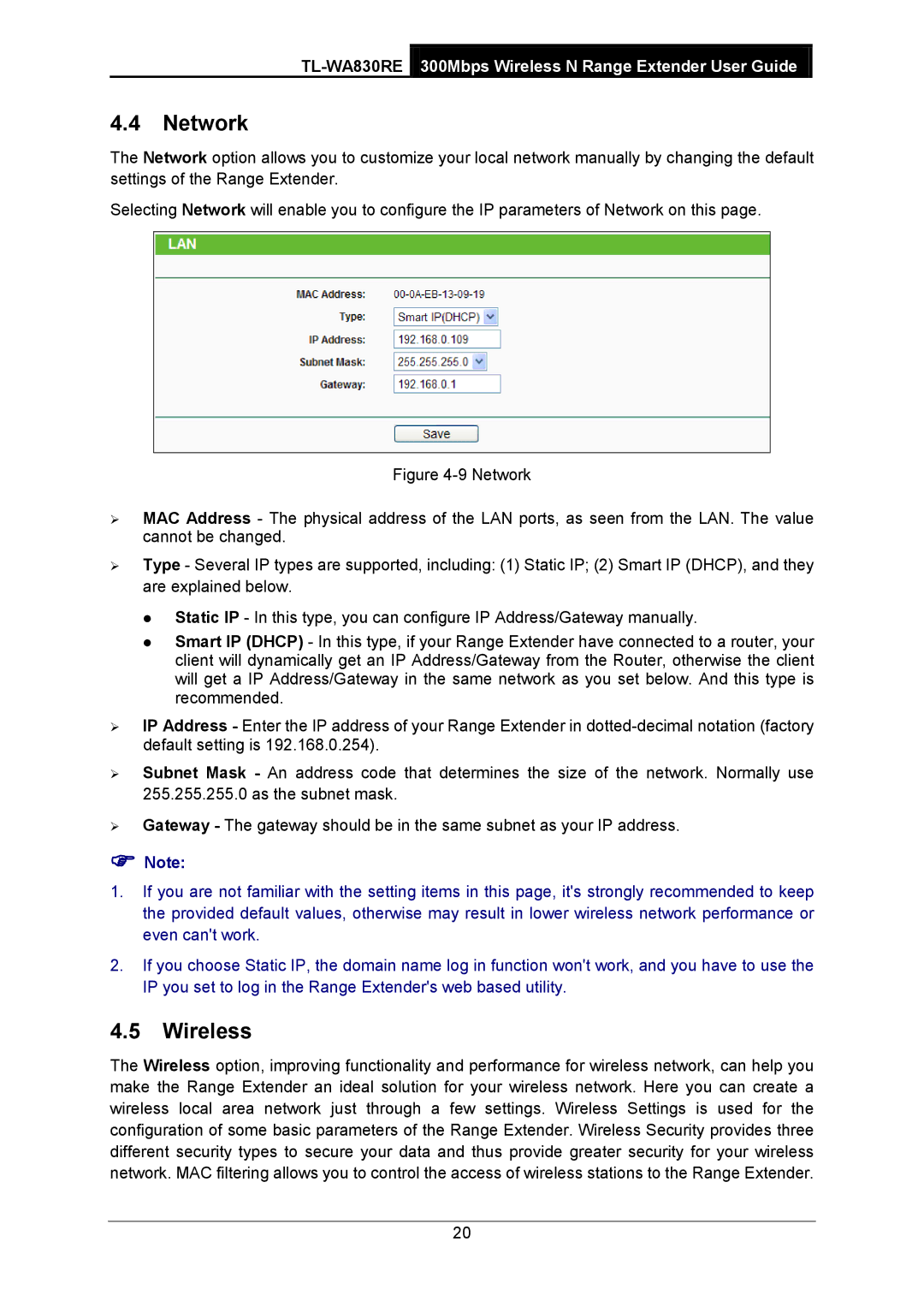 TP-Link TL-WA830RE manual Network, Wireless 