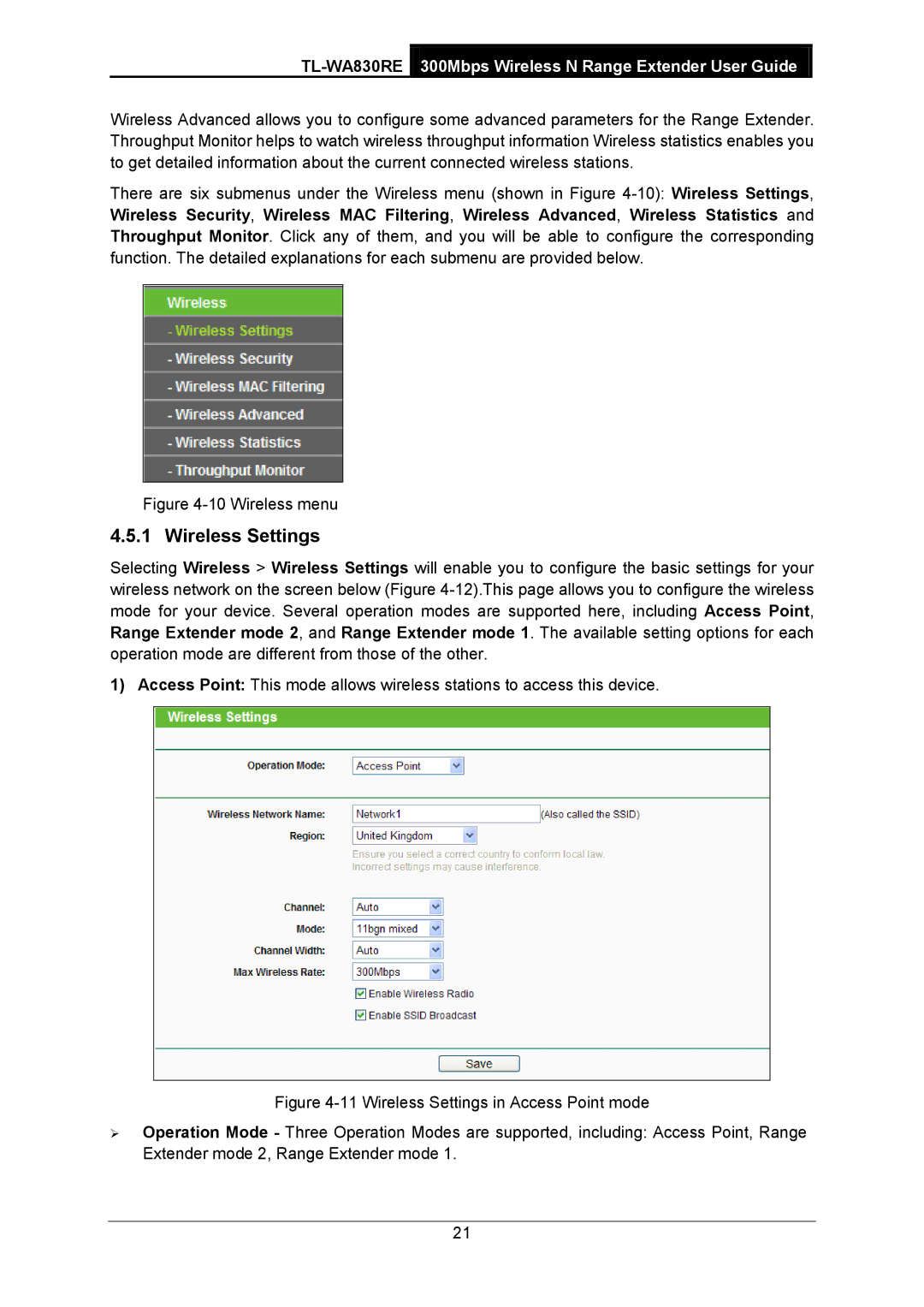 TP-Link TL-WA830RE manual Wireless Settings, Wireless menu 