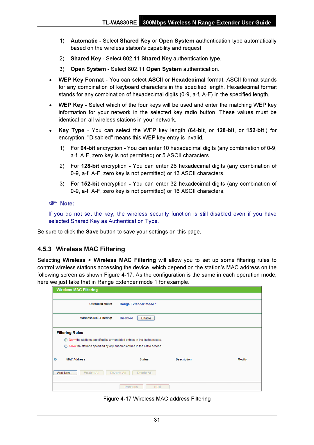 TP-Link TL-WA830RE manual Wireless MAC Filtering, Wireless MAC address Filtering 