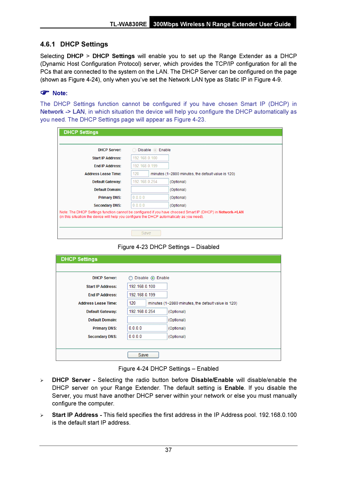 TP-Link TL-WA830RE manual Dhcp Settings Disabled 