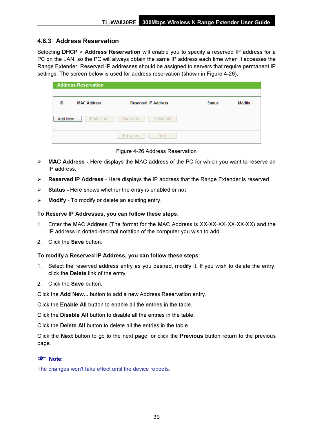 TP-Link TL-WA830RE manual Address Reservation, To Reserve IP Addresses, you can follow these steps 