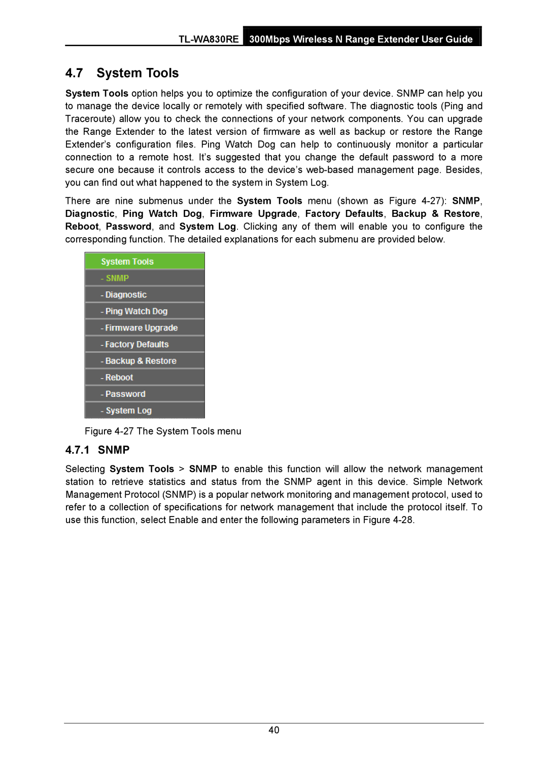 TP-Link TL-WA830RE manual System Tools, Snmp 