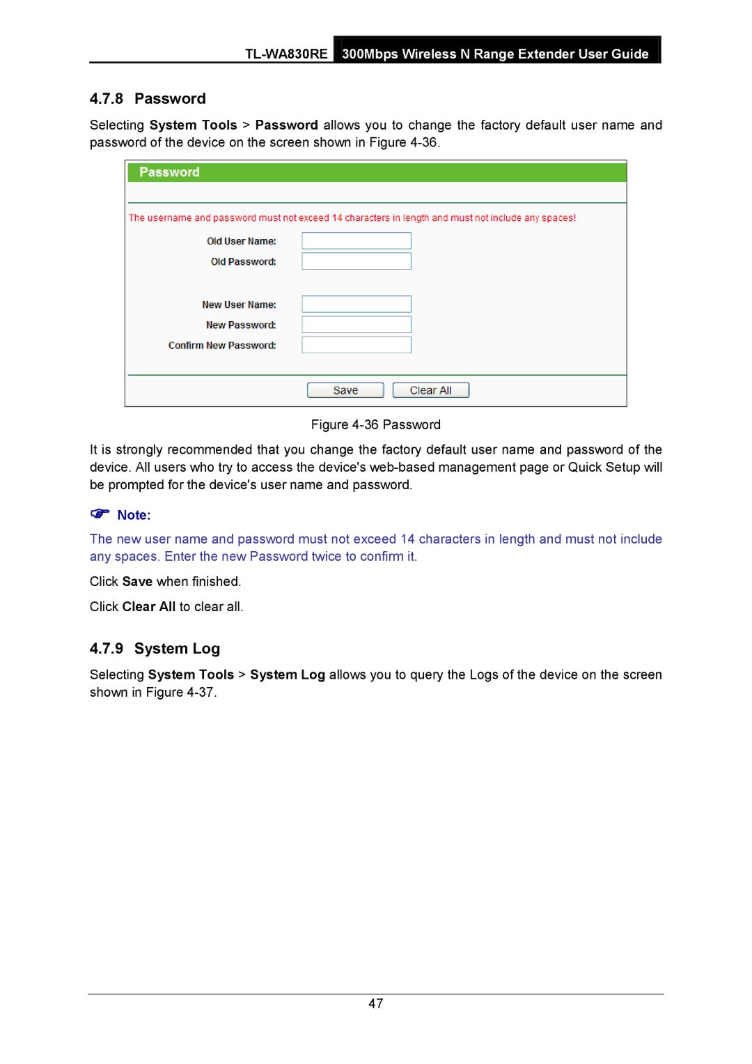 TP-Link TL-WA830RE manual Password, System Log 