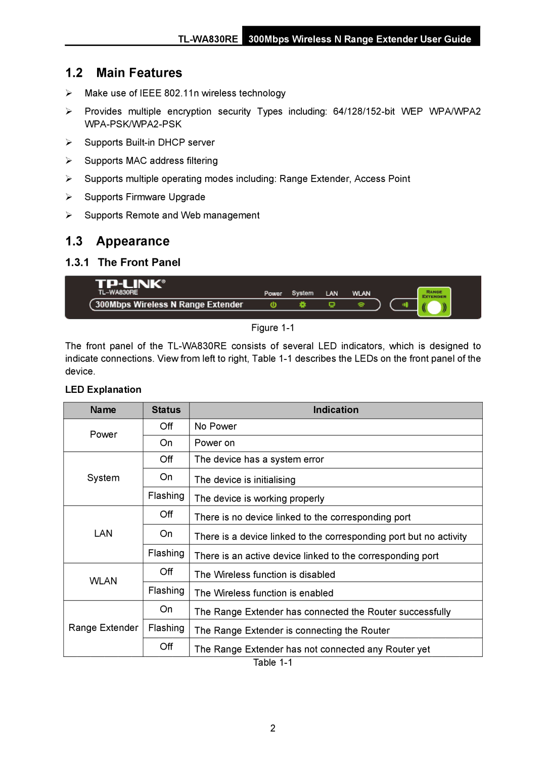 TP-Link TL-WA830RE manual Main Features, Appearance, Front Panel, LED Explanation Name Status Indication 