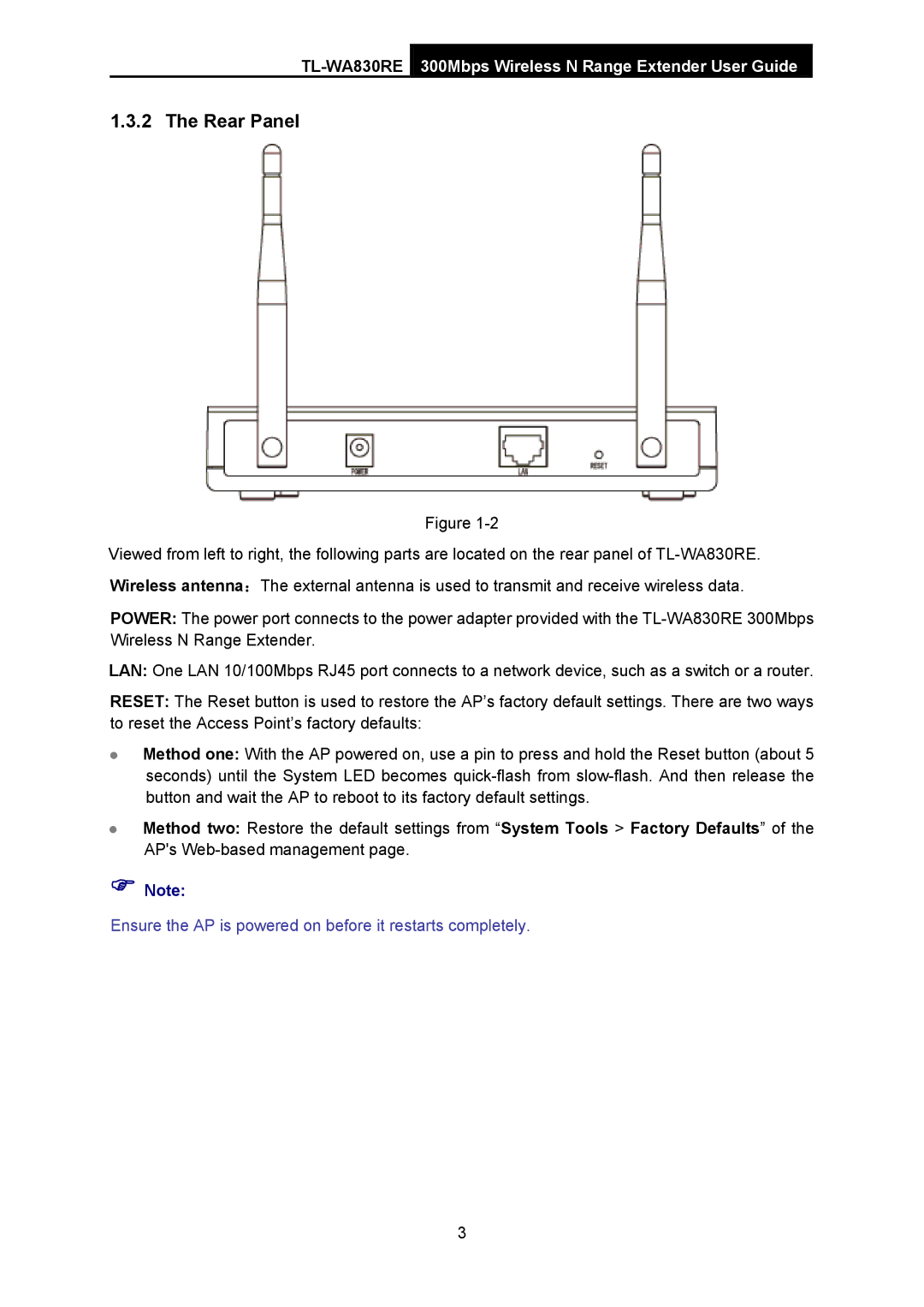 TP-Link TL-WA830RE manual Rear Panel 