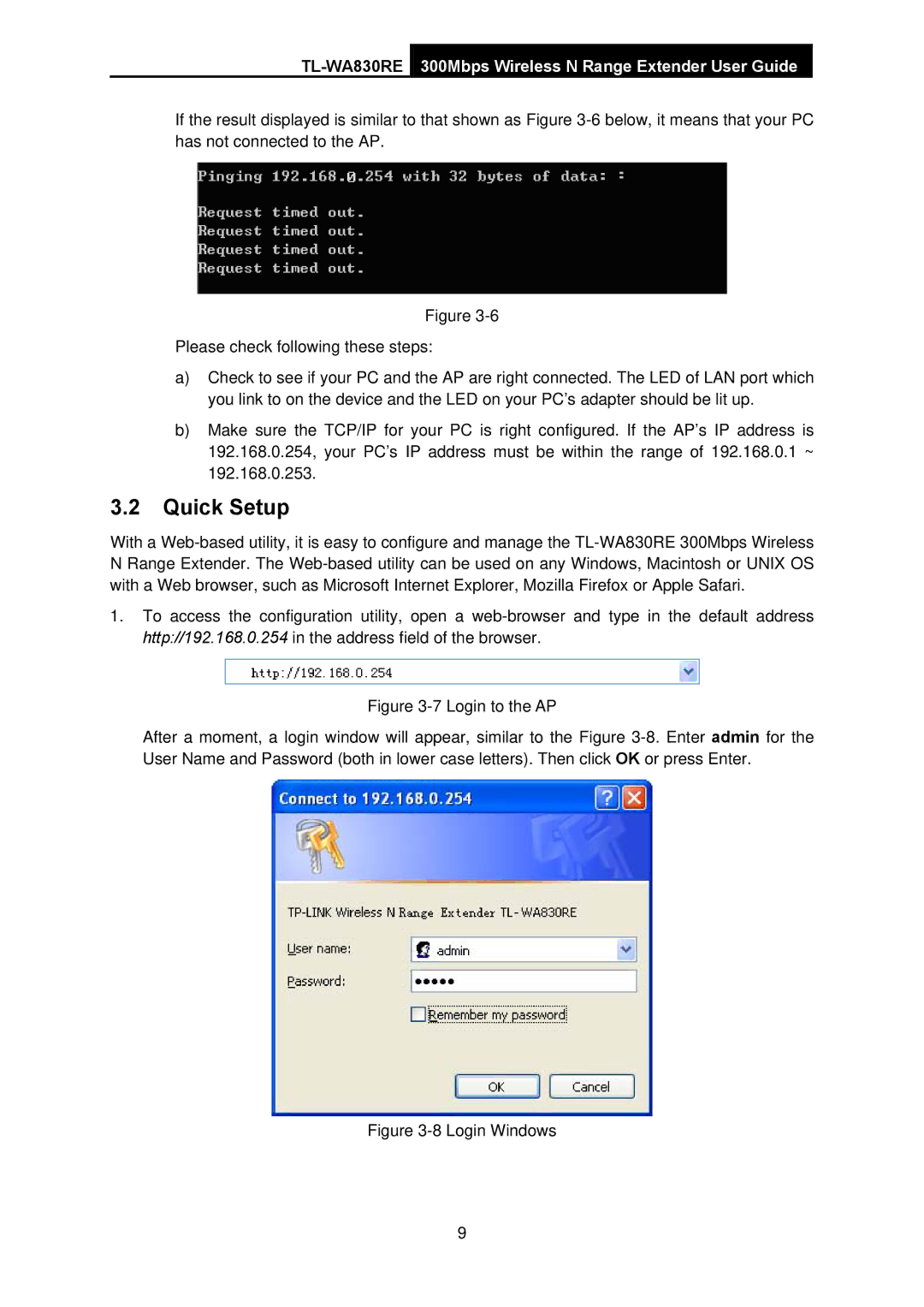 TP-Link TL-WA830RE manual Quick Setup, Login Windows 