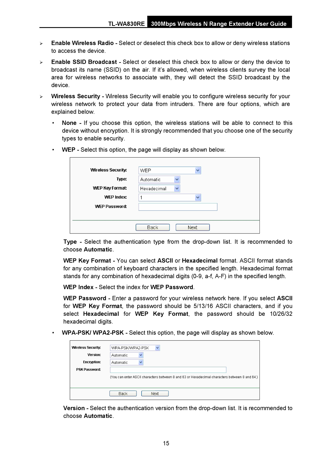 TP-Link TL-WA830RE manual WEP Index Select the index for WEP Password 