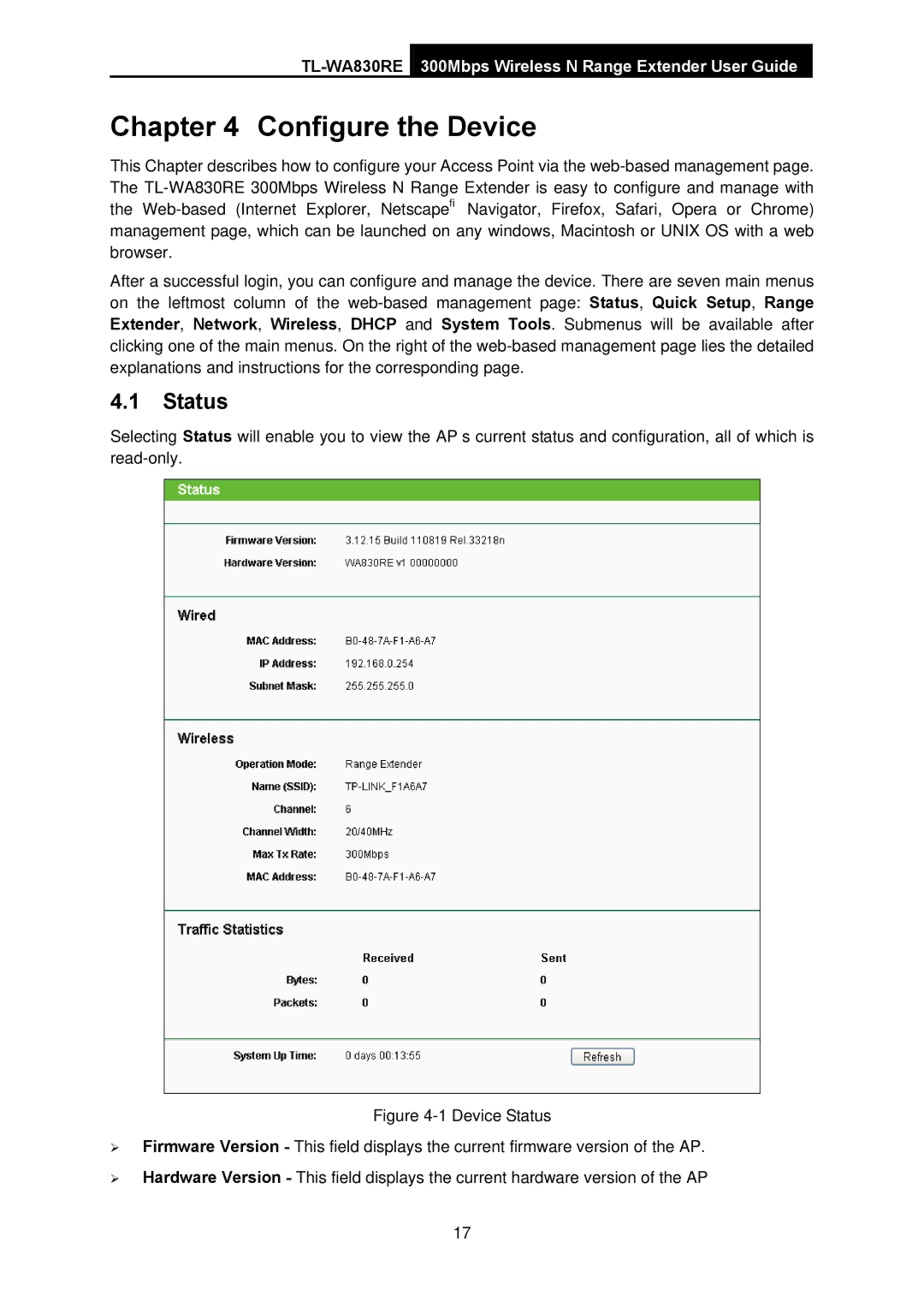 TP-Link TL-WA830RE manual Configure the Device, Status 