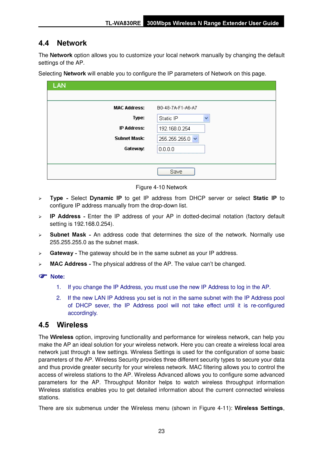 TP-Link TL-WA830RE manual Network, Wireless 