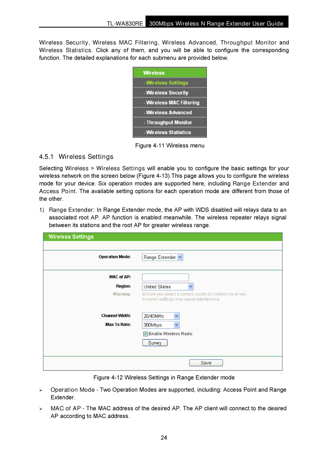 TP-Link TL-WA830RE manual Wireless Settings, Wireless menu 