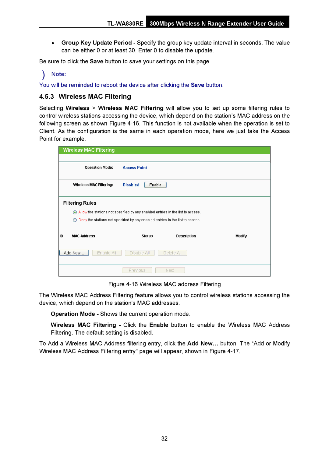 TP-Link TL-WA830RE manual Wireless MAC Filtering 