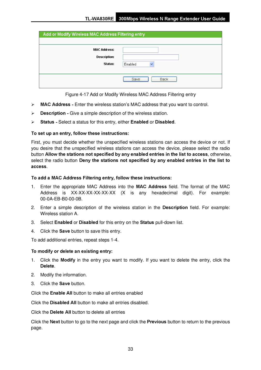 TP-Link TL-WA830RE manual To set up an entry, follow these instructions, To modify or delete an existing entry 