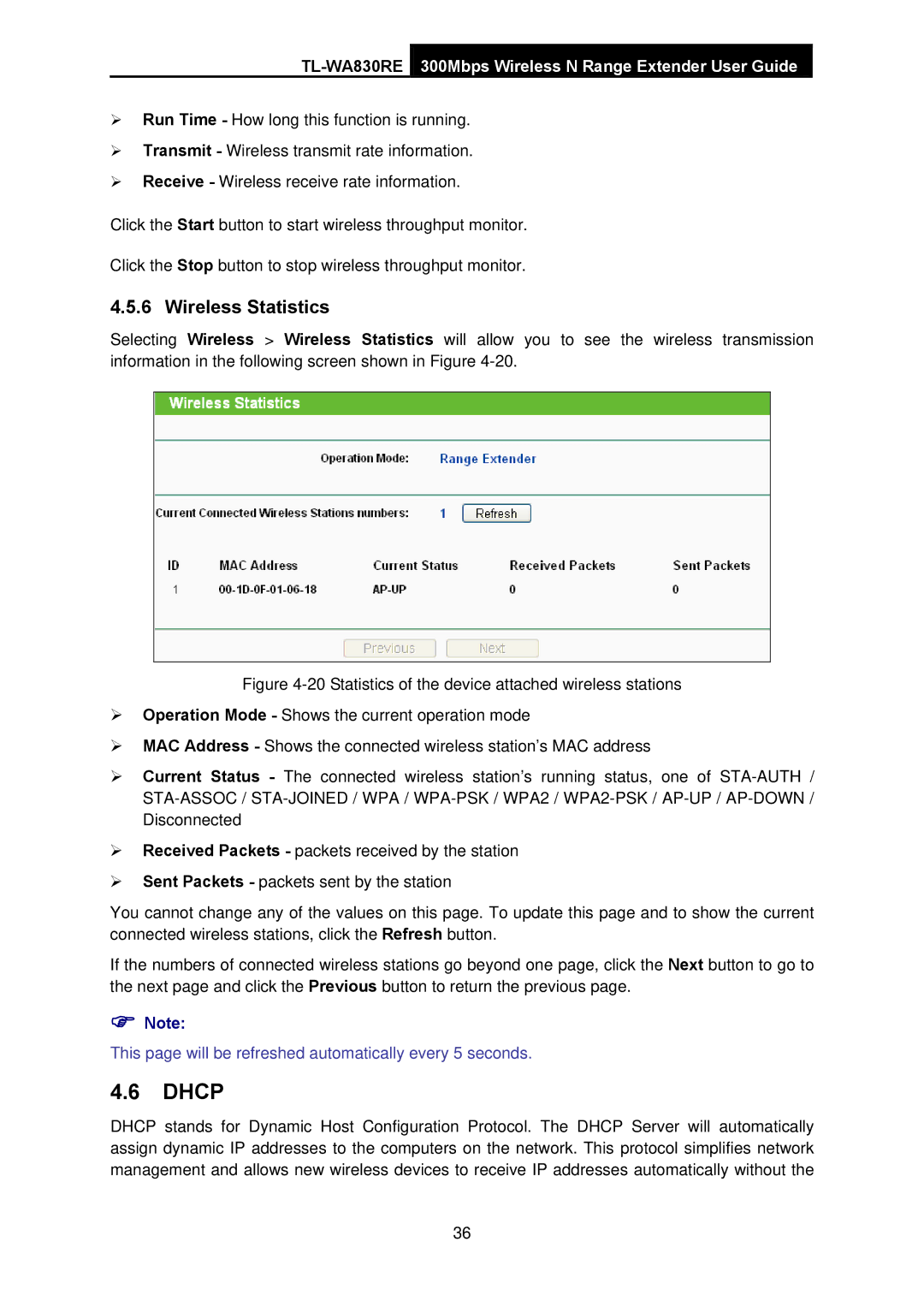 TP-Link TL-WA830RE manual Dhcp, Wireless Statistics 