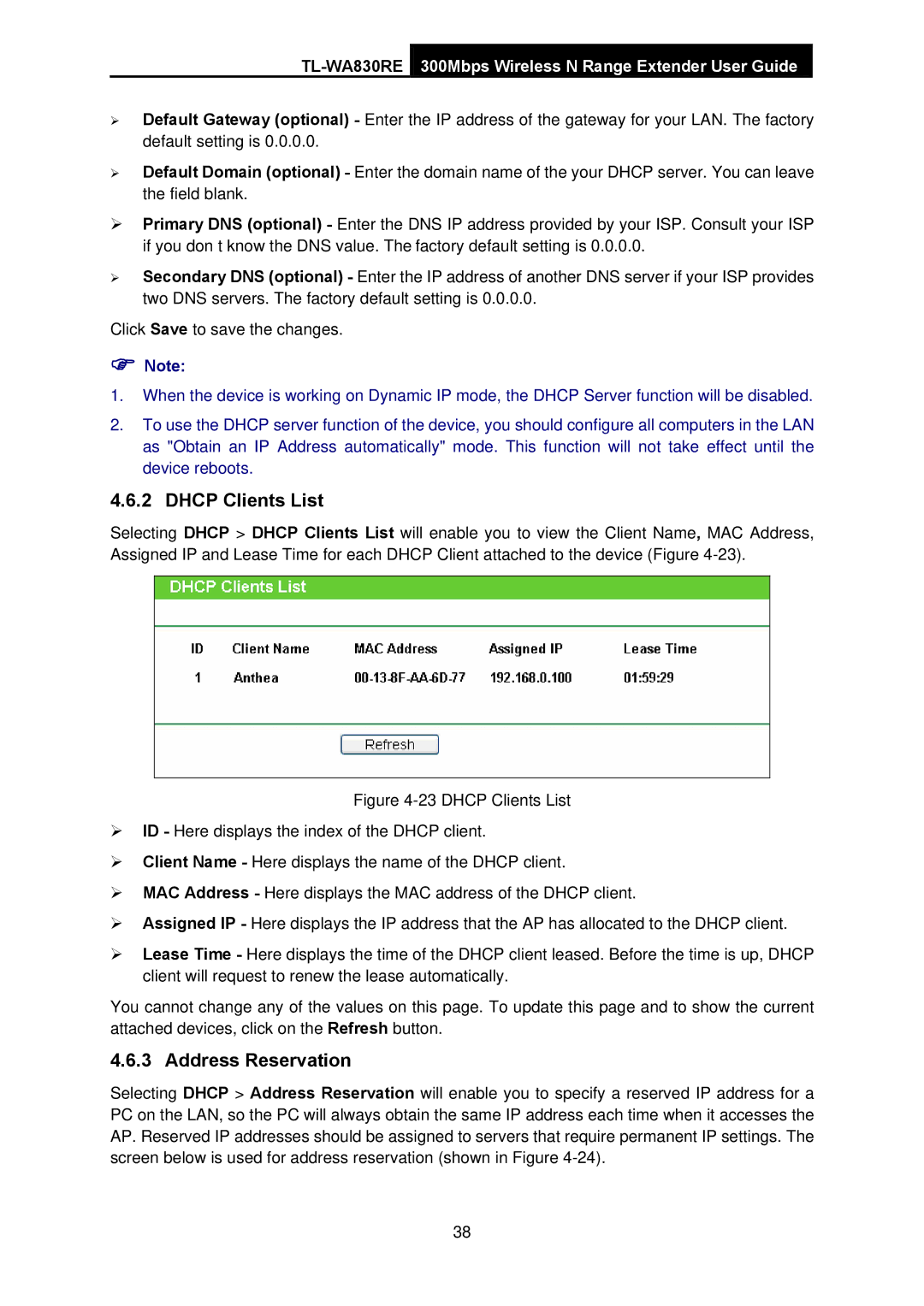 TP-Link TL-WA830RE manual Dhcp Clients List, Address Reservation 