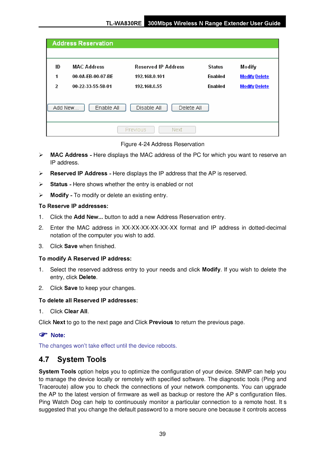 TP-Link TL-WA830RE manual System Tools, To Reserve IP addresses, To modify a Reserved IP address 