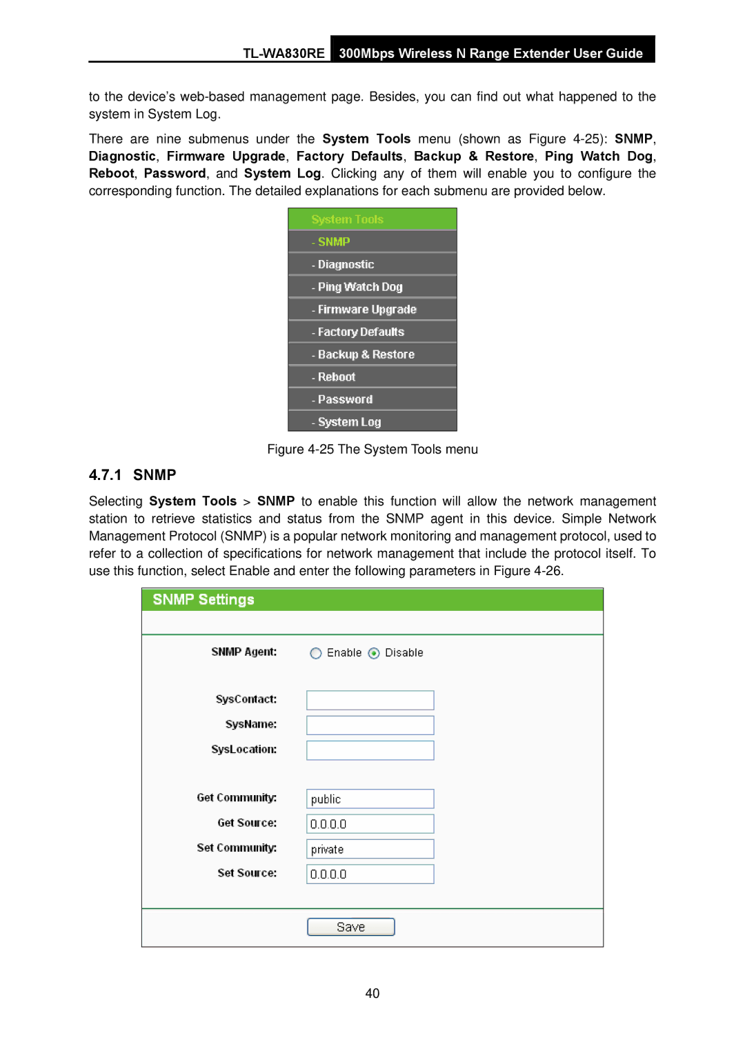 TP-Link TL-WA830RE manual Snmp, The System Tools menu 