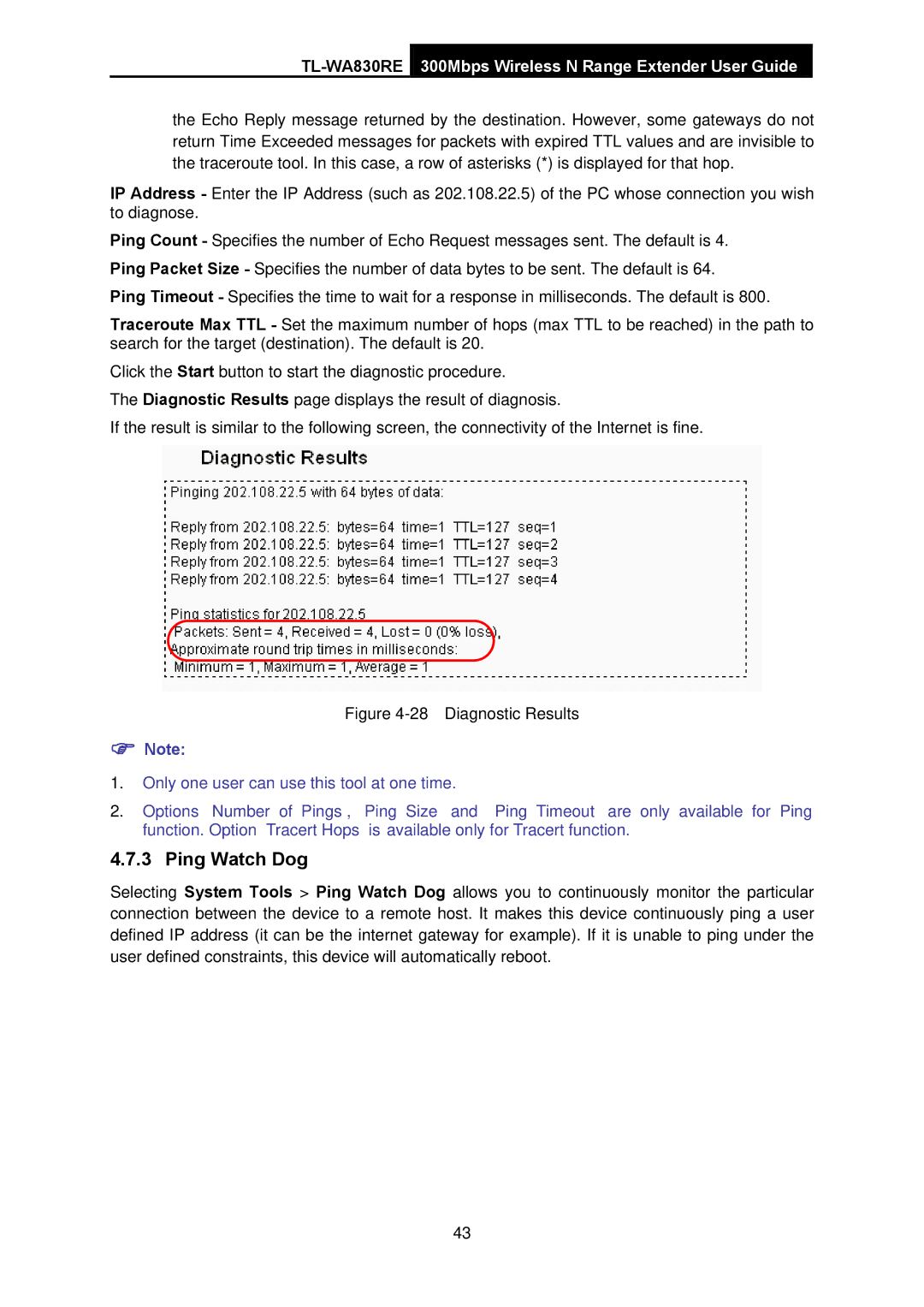 TP-Link TL-WA830RE manual Ping Watch Dog, Diagnostic Results 