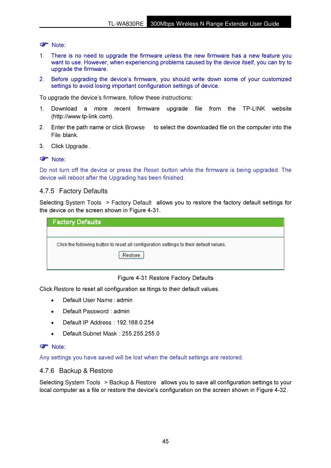 TP-Link TL-WA830RE manual Factory Defaults, Backup & Restore, To upgrade the devices firmware, follow these instructions 