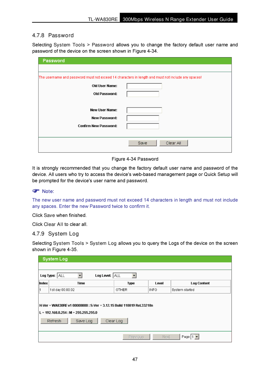 TP-Link TL-WA830RE manual Password, System Log 