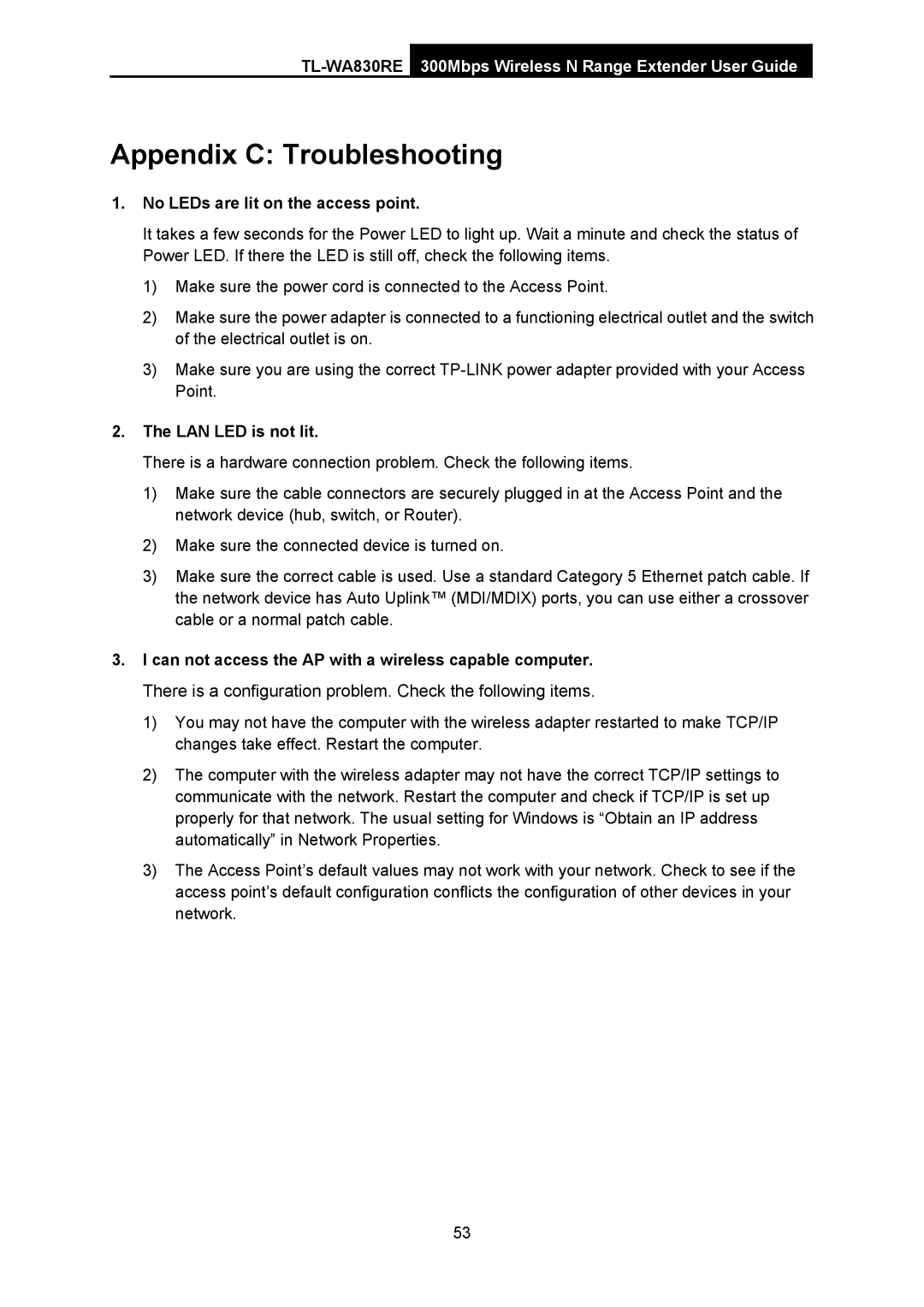 TP-Link TL-WA830RE manual Appendix C Troubleshooting, No LEDs are lit on the access point, LAN LED is not lit 