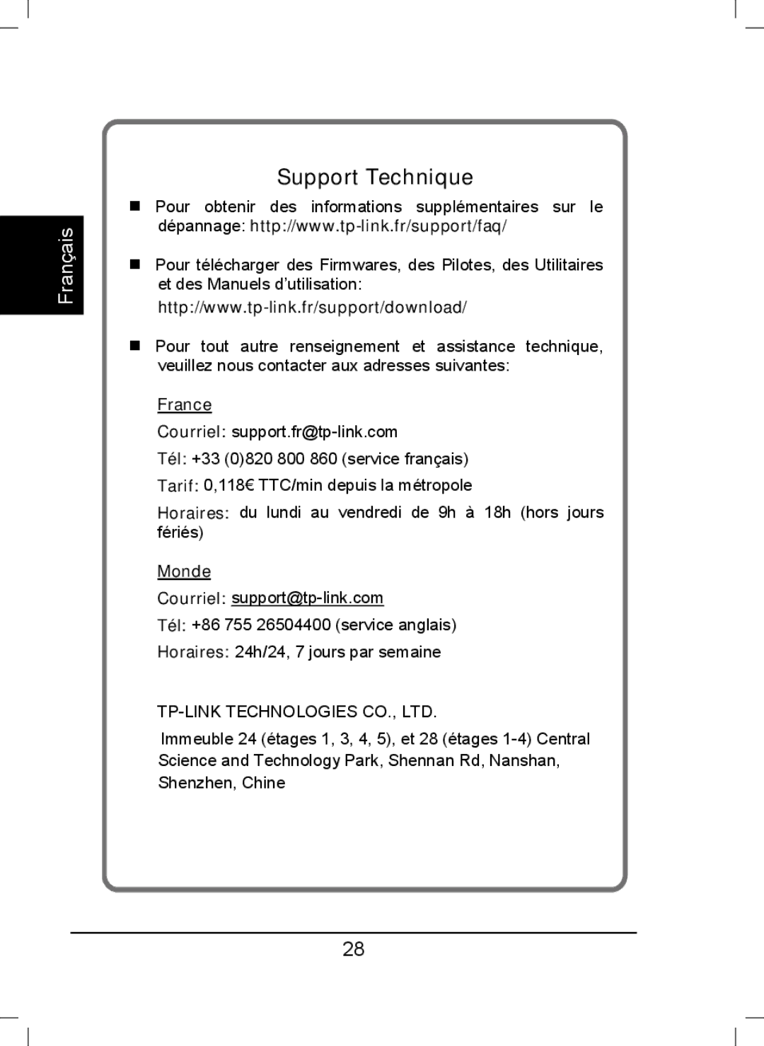 TP-Link TL-WA850RE manual Support Technique, France, Monde 