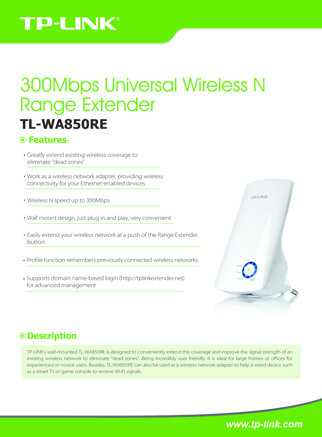 TP-Link TL-WA850RE manual Features：, Description 