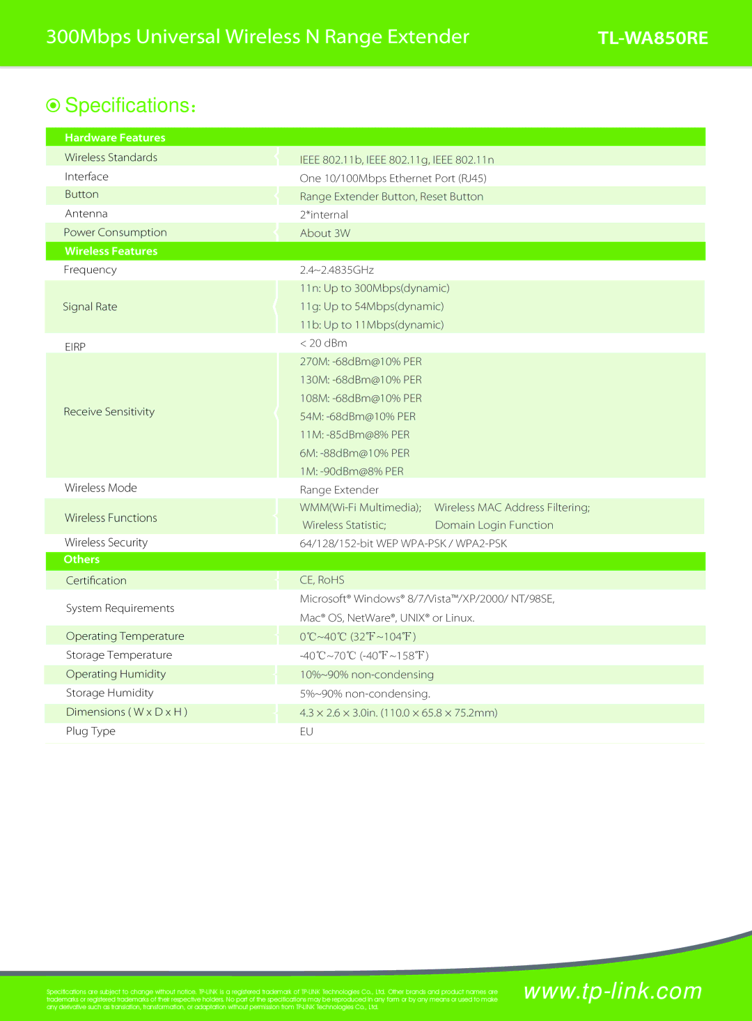 TP-Link TL-WA850RE manual Specifications：, Wireless Mode Wireless Functions Wireless Security 