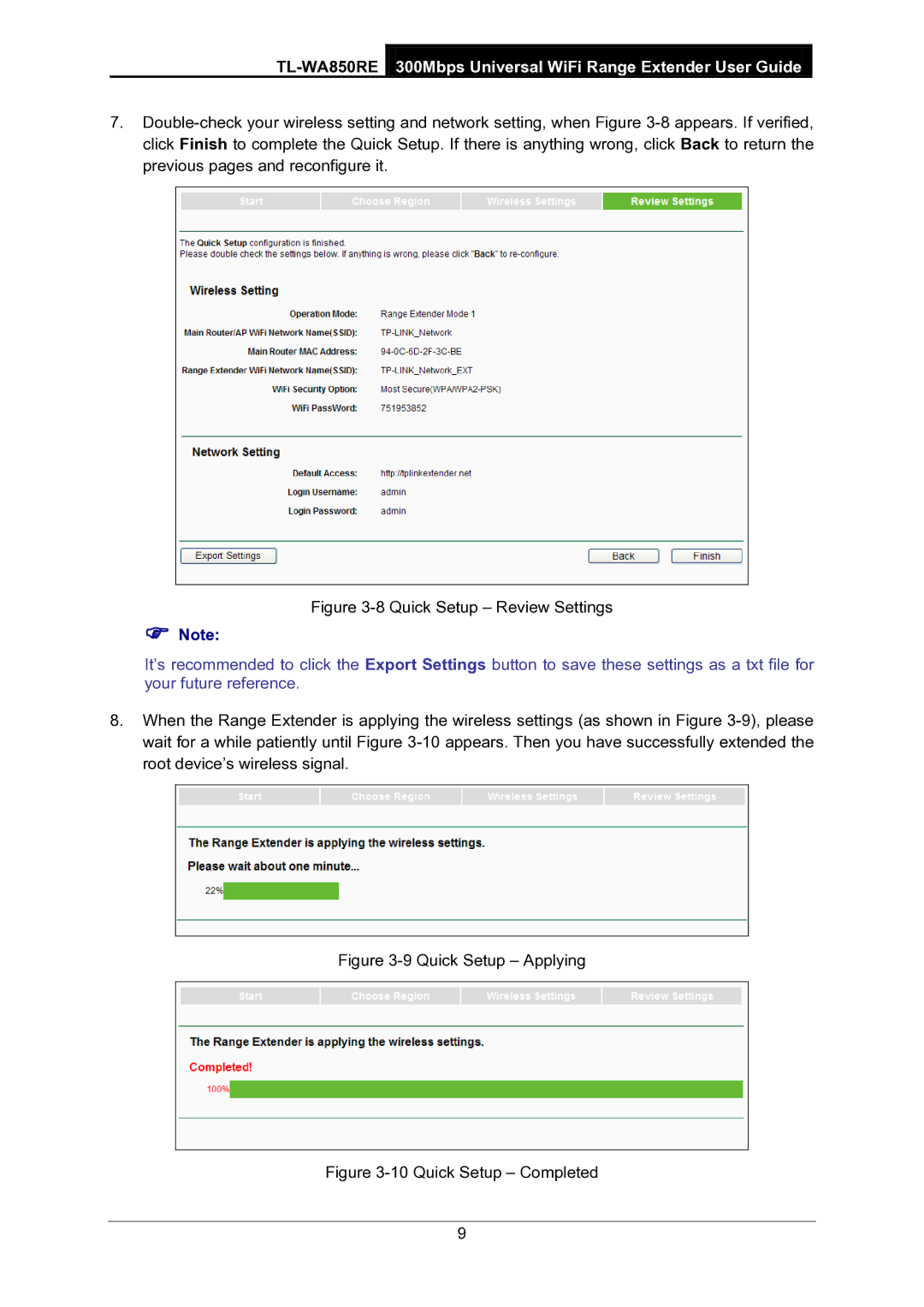 TP-Link TL-WA850RE manual Quick Setup Review Settings 