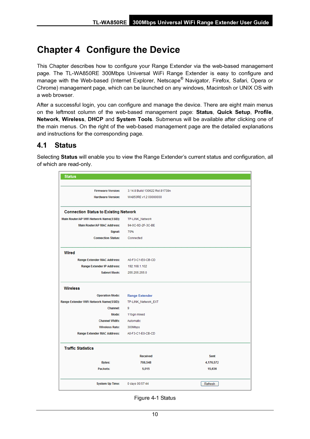 TP-Link TL-WA850RE manual Configure the Device, Status 