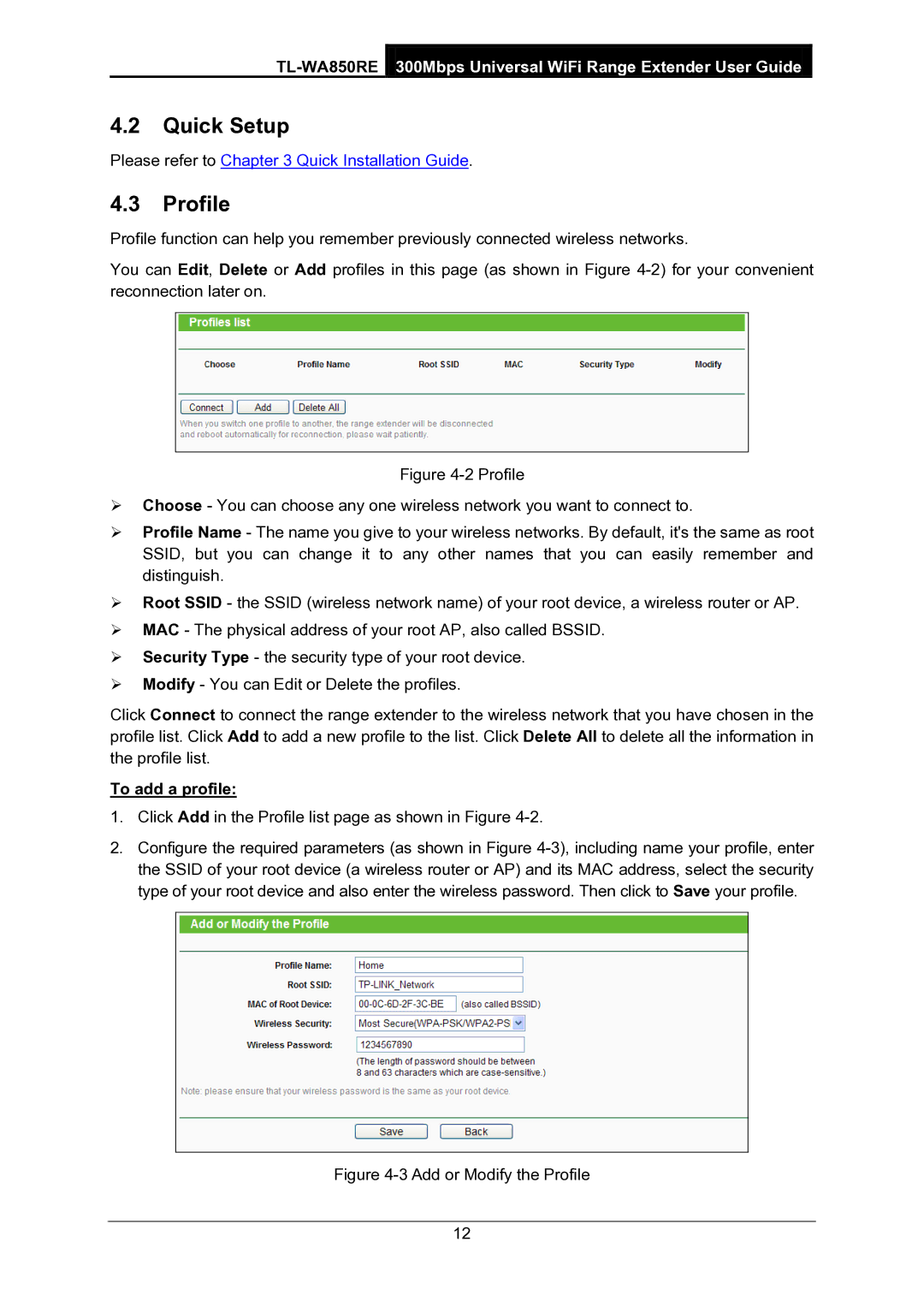 TP-Link TL-WA850RE manual Quick Setup, Profile, To add a profile 