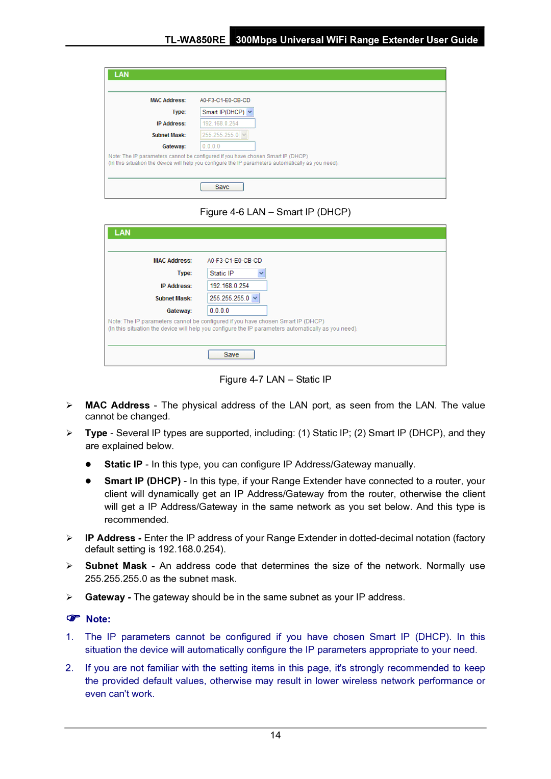 TP-Link TL-WA850RE manual LAN Smart IP Dhcp 