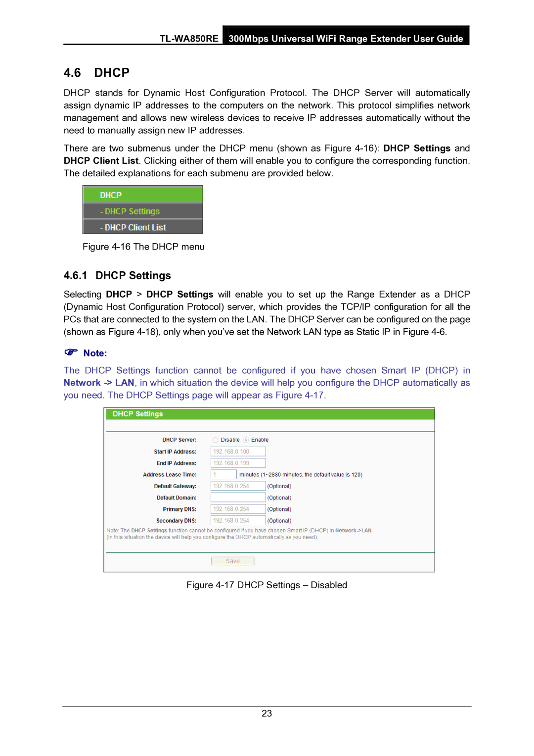 TP-Link TL-WA850RE manual Dhcp Settings 