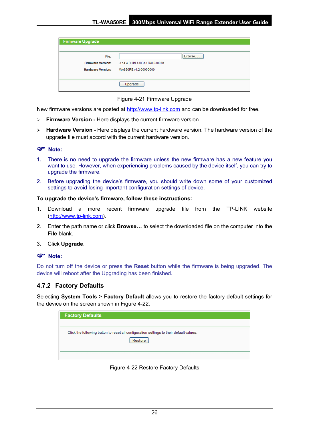 TP-Link TL-WA850RE manual Factory Defaults, To upgrade the devices firmware, follow these instructions 