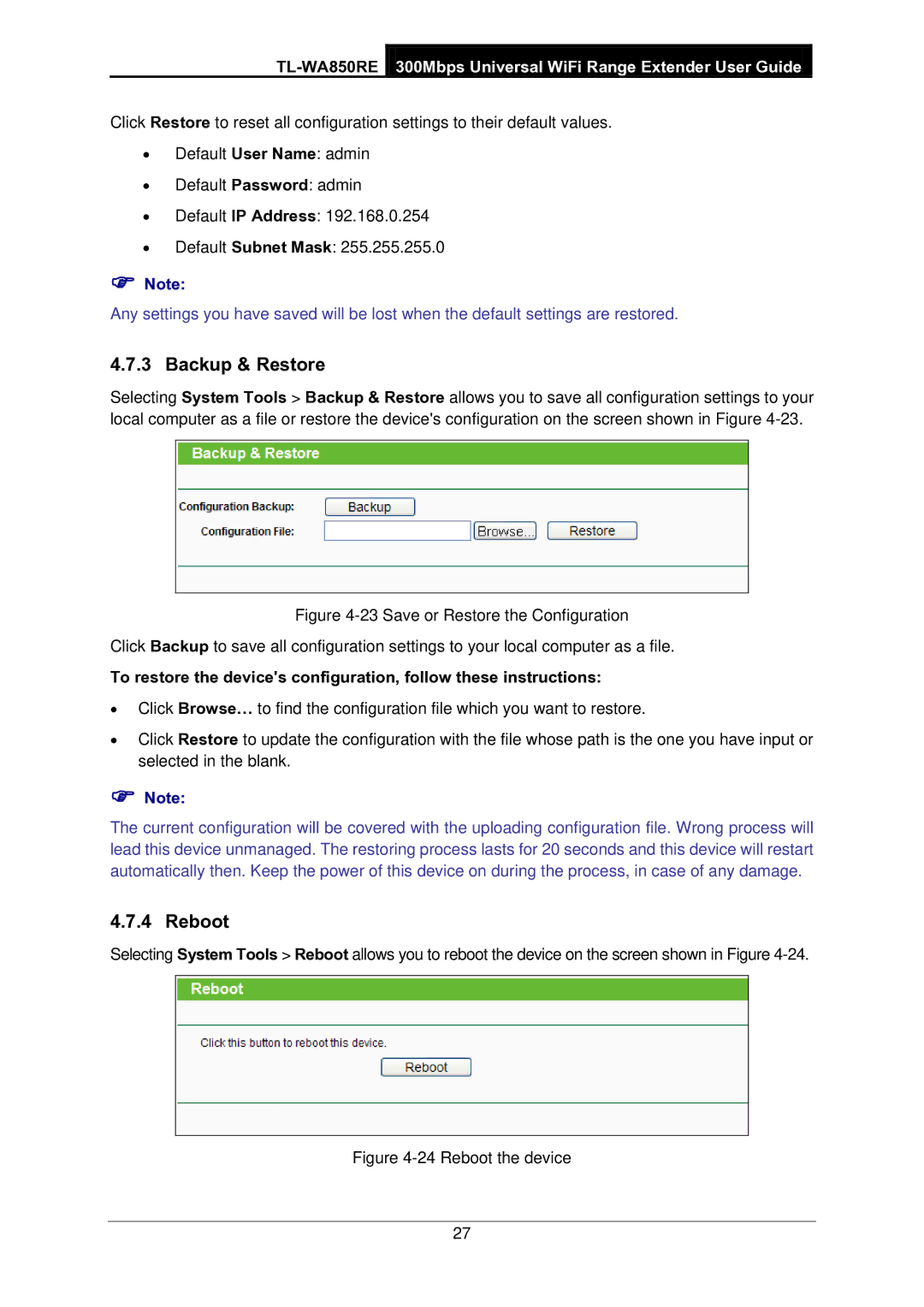 TP-Link TL-WA850RE manual Backup & Restore, Reboot 