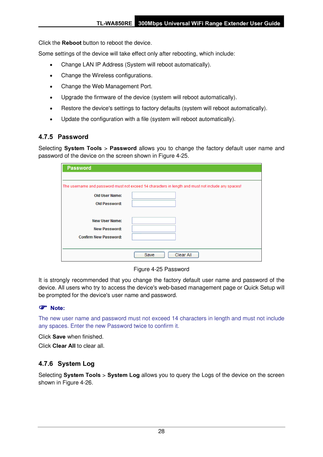 TP-Link TL-WA850RE manual Password, System Log 