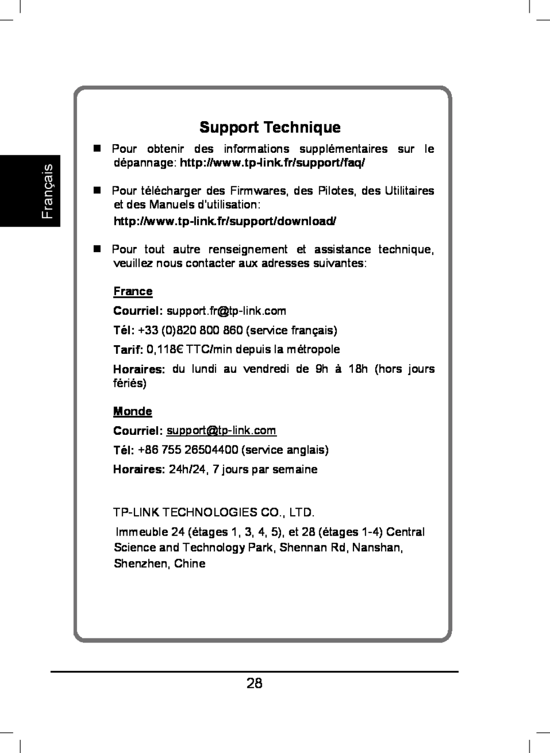 TP-Link TL-WA850RE manual Support Technique, France, Monde, Français 