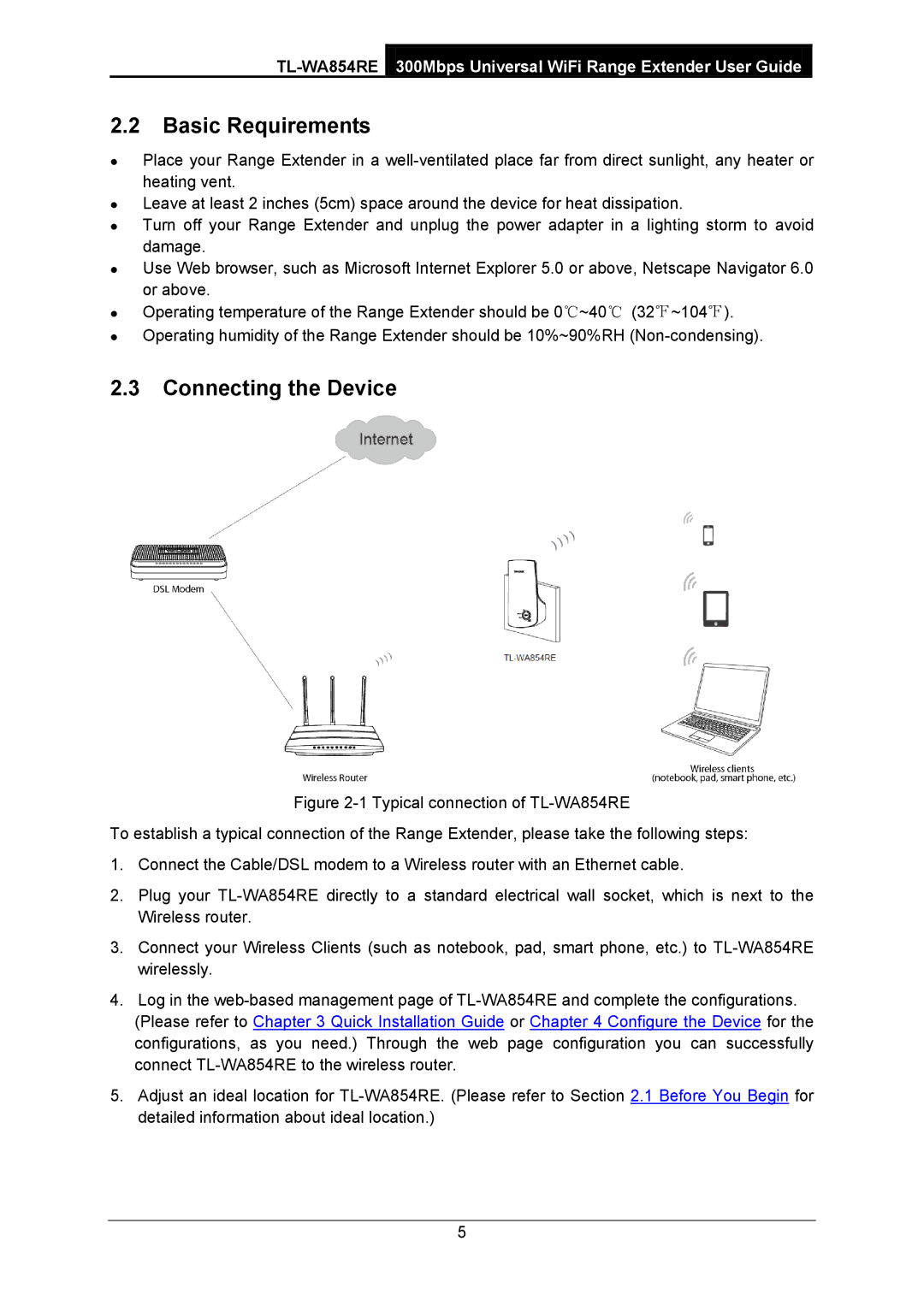 TP-Link TL-WA854RE manual Basic Requirements, Connecting the Device 