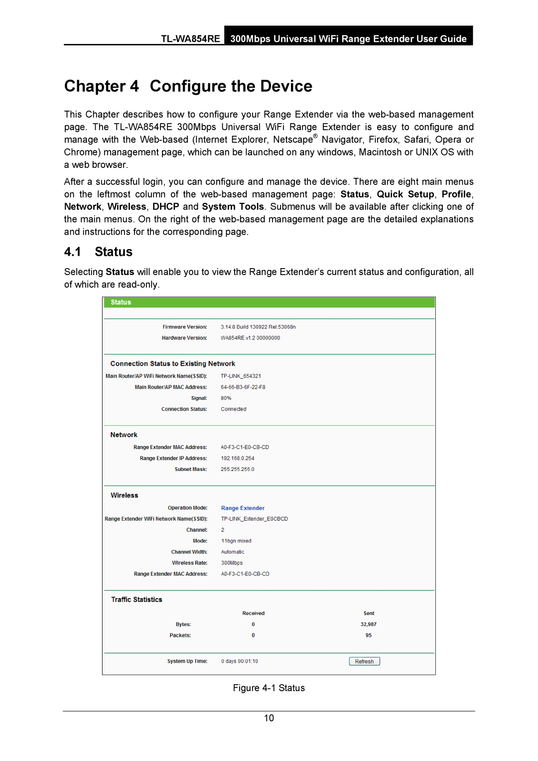 TP-Link TL-WA854RE manual Configure the Device, Status 