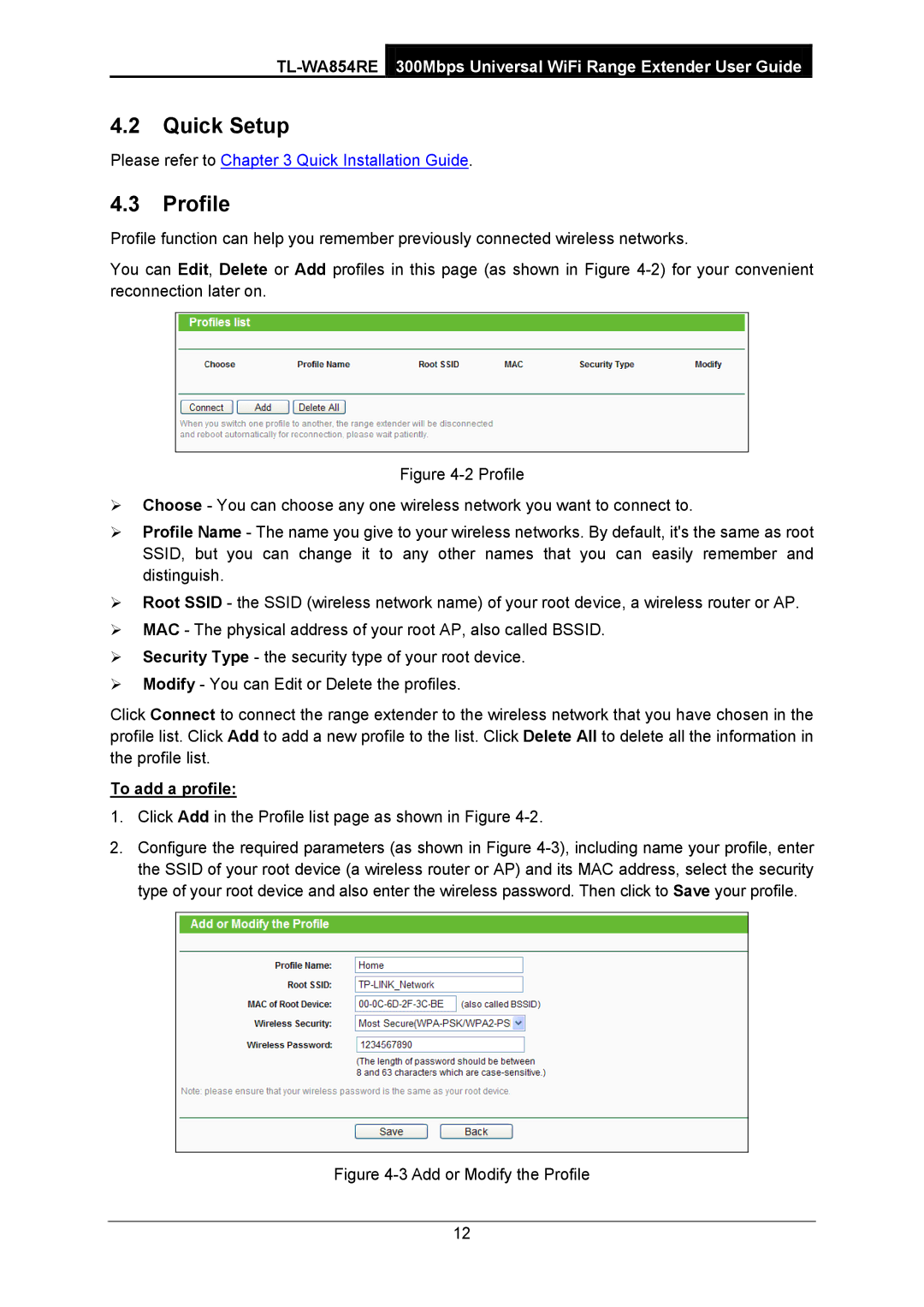 TP-Link TL-WA854RE manual Quick Setup, Profile, To add a profile 