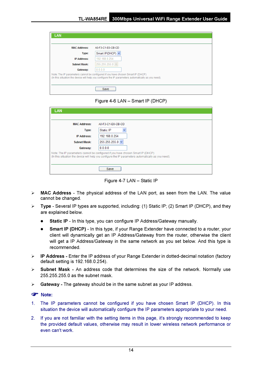 TP-Link TL-WA854RE manual LAN Smart IP Dhcp 