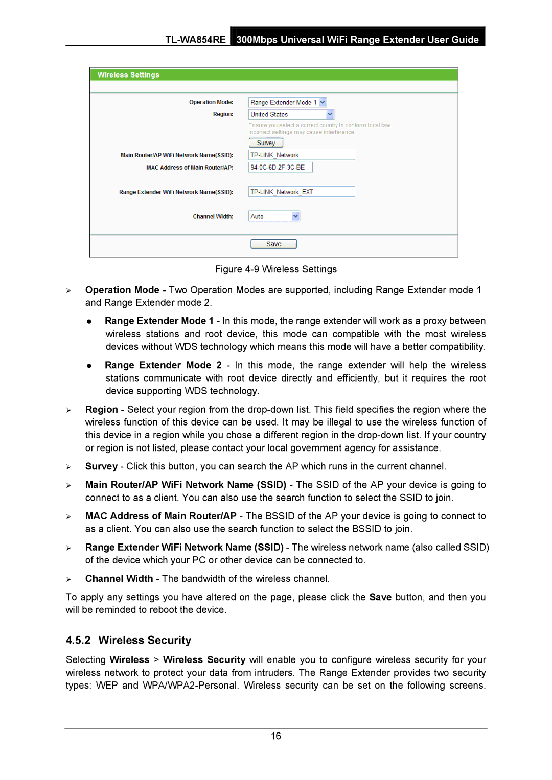 TP-Link TL-WA854RE manual Wireless Security 