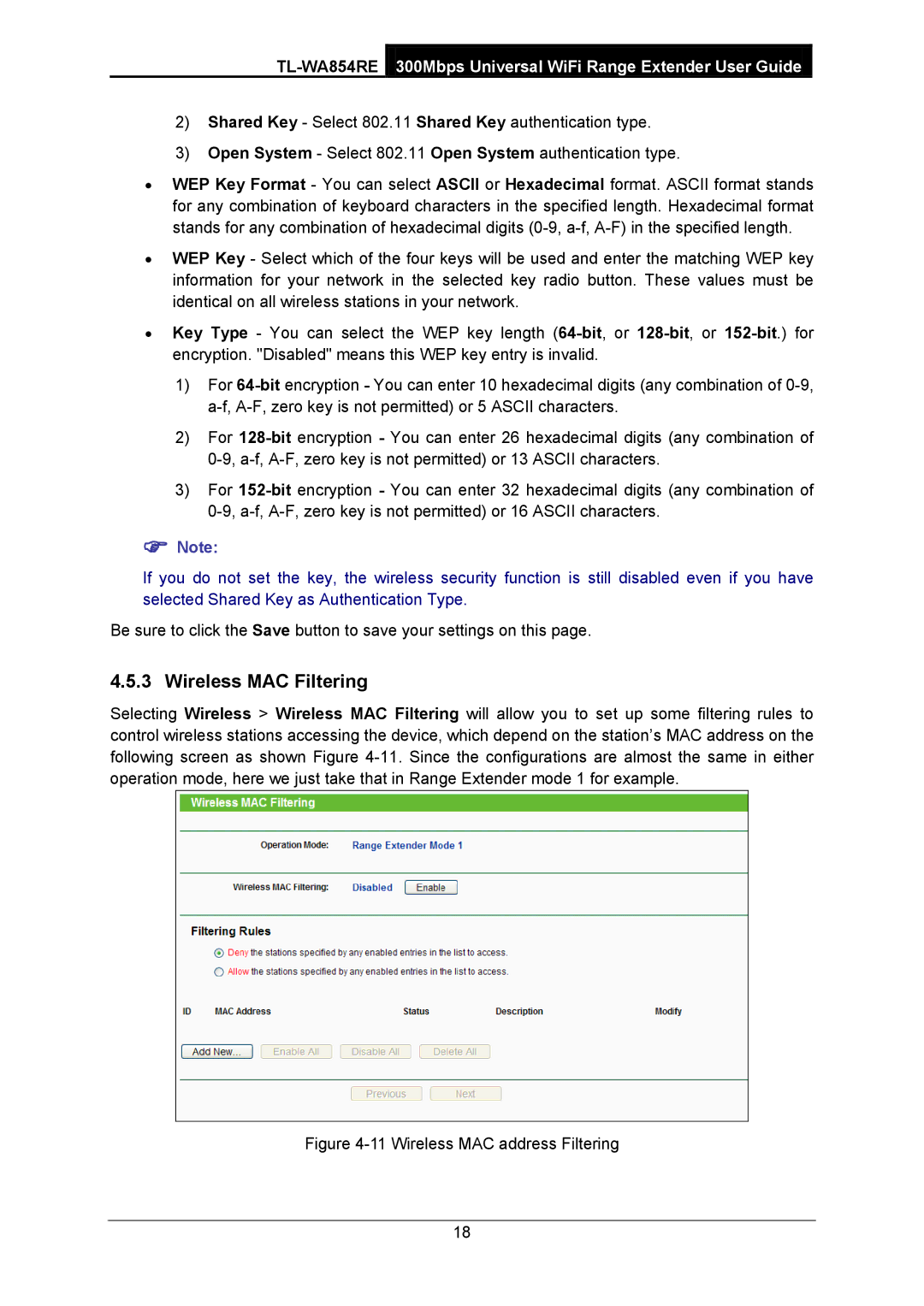 TP-Link TL-WA854RE manual Wireless MAC Filtering,  Note 