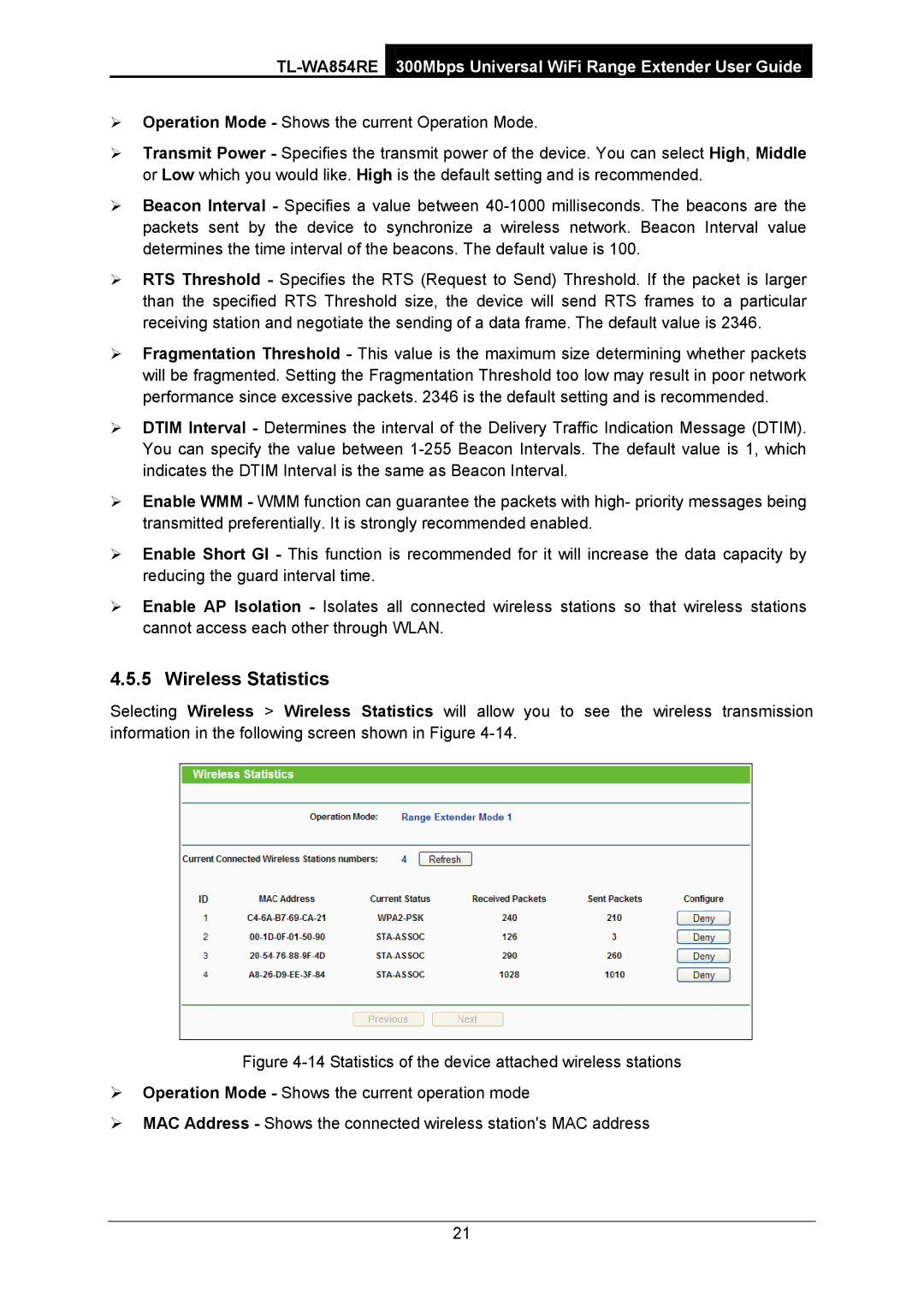 TP-Link TL-WA854RE manual Wireless Statistics 