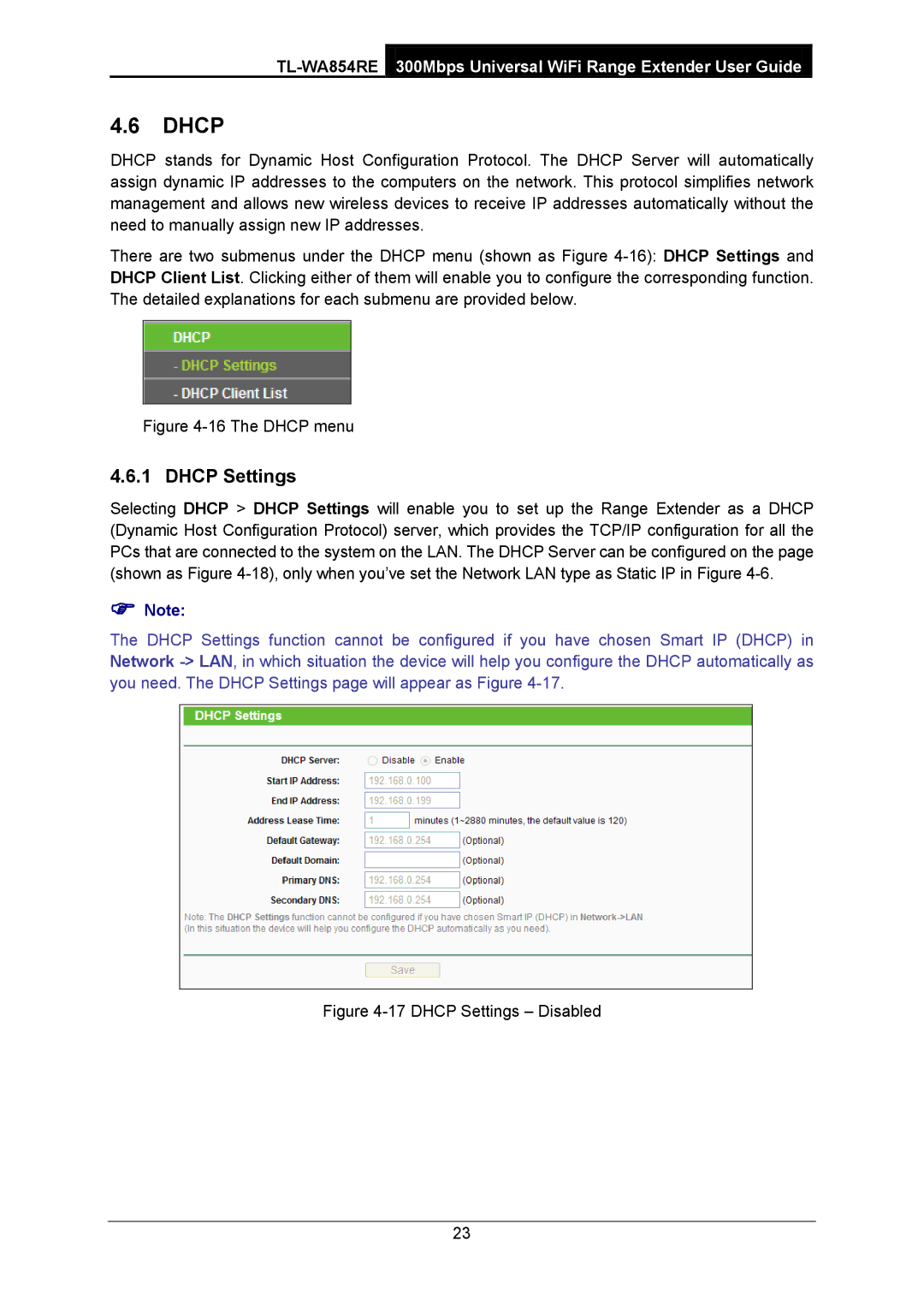 TP-Link TL-WA854RE manual Dhcp Settings 