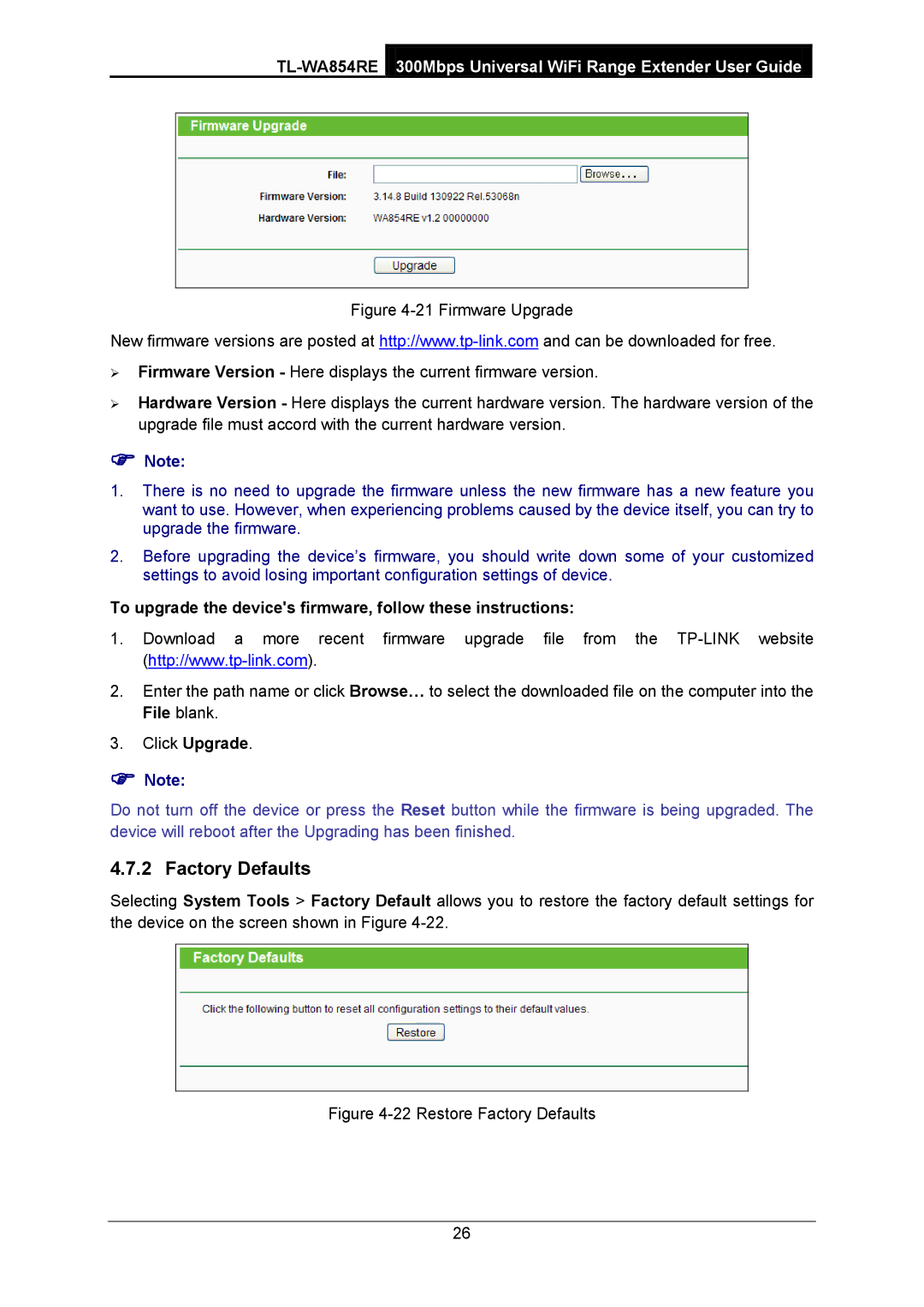 TP-Link TL-WA854RE manual Factory Defaults, To upgrade the devices firmware, follow these instructions 