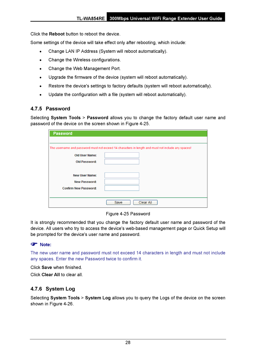 TP-Link TL-WA854RE manual Password, System Log 