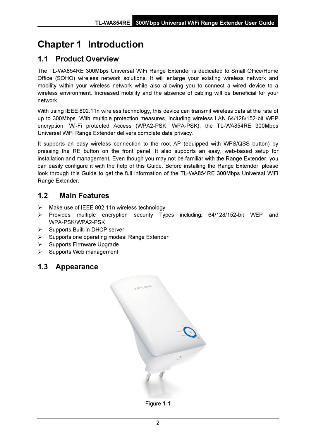 TP-Link TL-WA854RE manual Introduction, Product Overview, Main Features, Appearance 