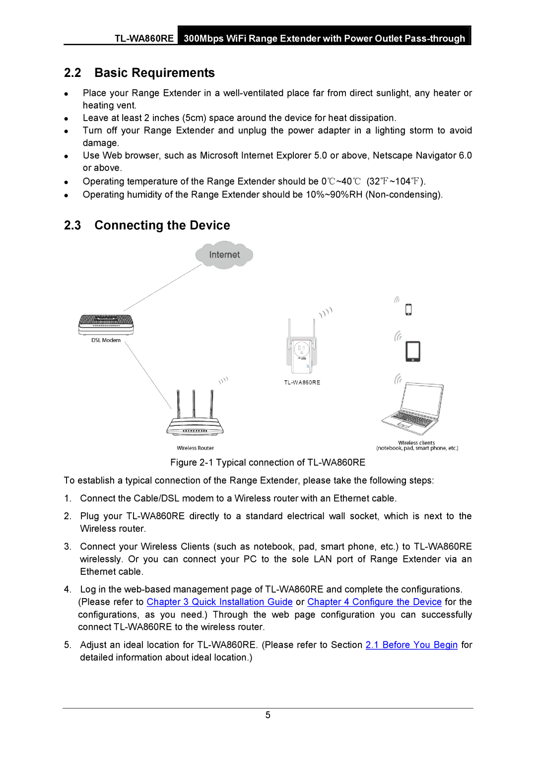 TP-Link TL-WA860RE manual Basic Requirements, Connecting the Device 