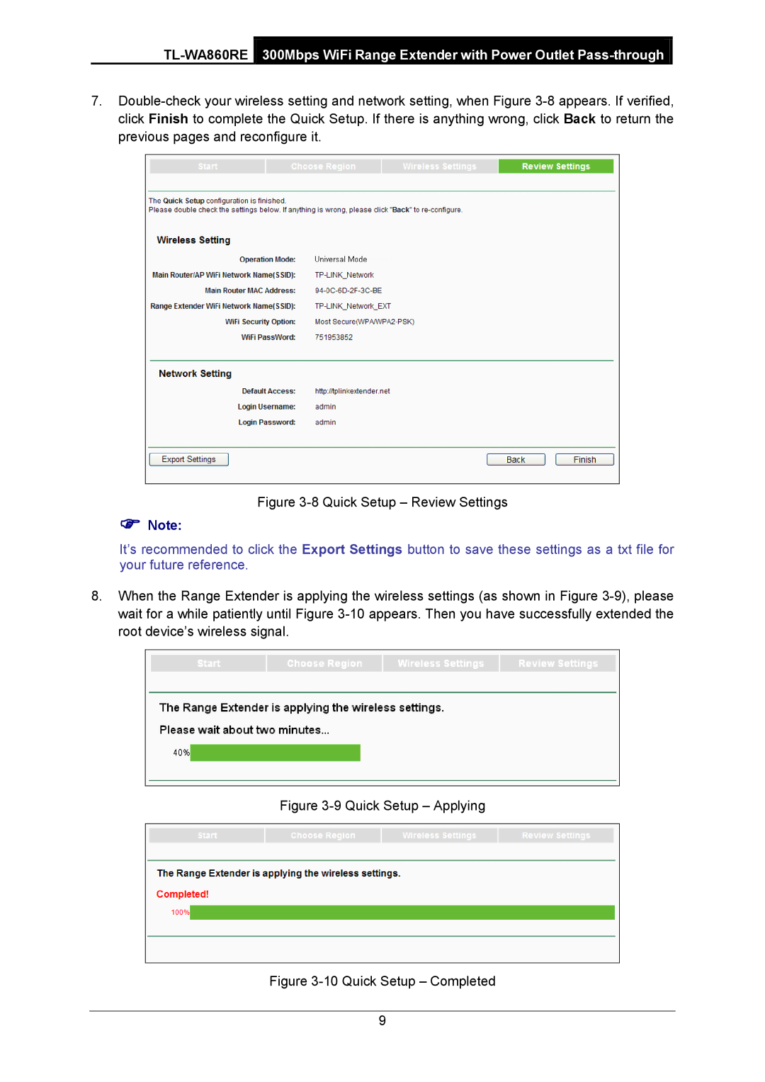 TP-Link TL-WA860RE manual Quick Setup Review Settings 